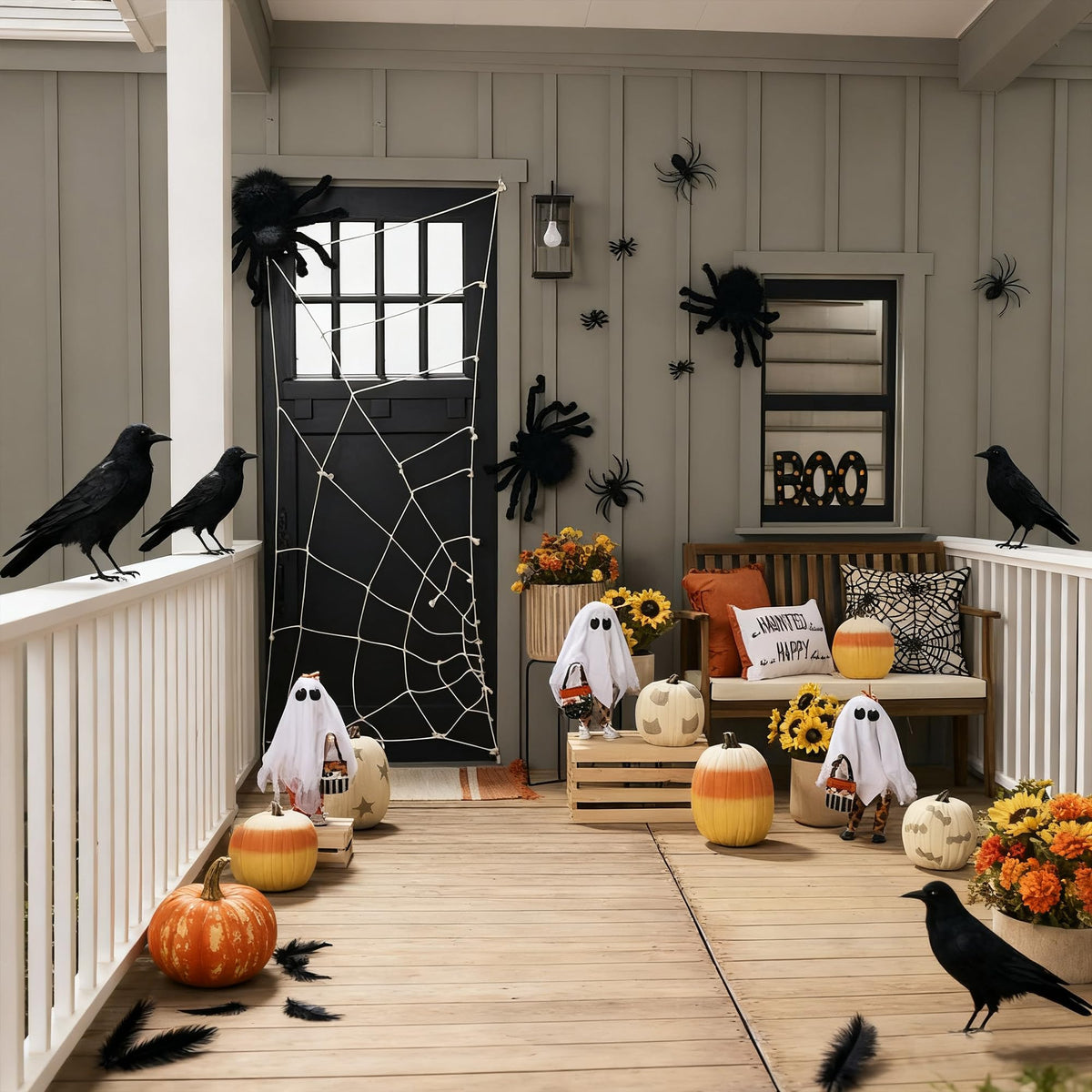 FUNPENY Halloween Black Feathered Crows, 3 Pack Black Crows with Real Feather Halloween Decoration for Indoor Outdoor