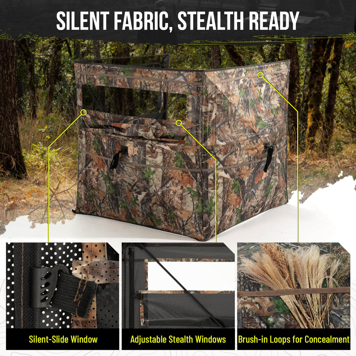 HUNTSEN 3&4 Panel See Through Hunting Blind for Turkey - Lightweight Portable Pop Up Ground Blind with Silent Sliding Windows Carrying Bag - Easy-Setup Camouflage Concealed Ground Blinds for Hunting