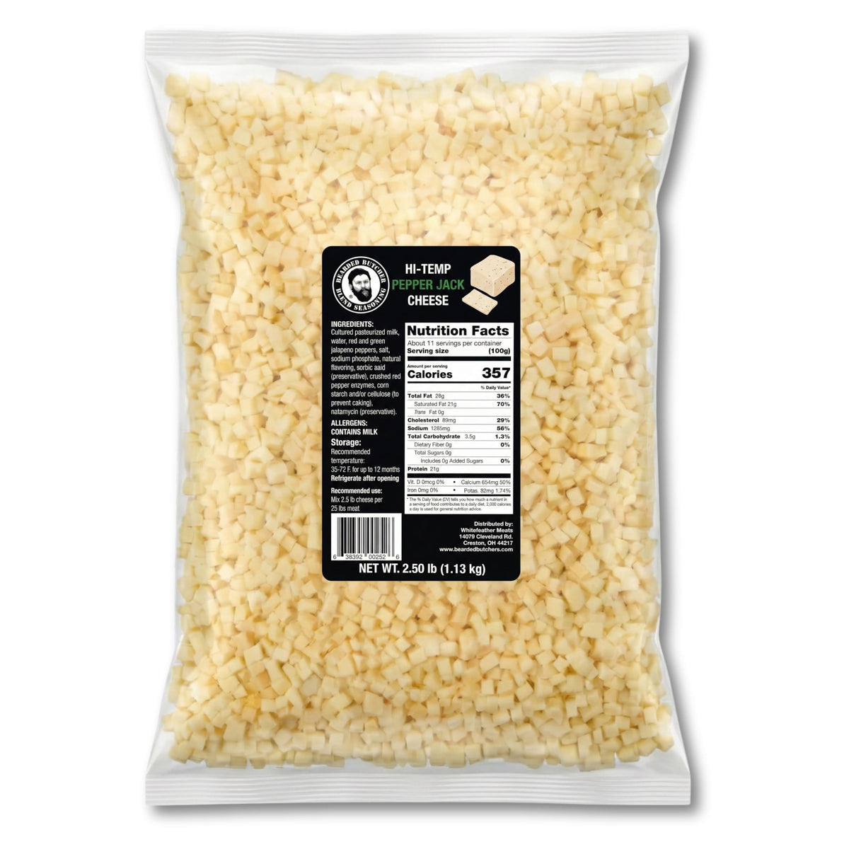 Bearded Butchers High-Temp Cheddar Cheese 2.5 lbs – Shelf-Stable 1/4" Cubes for Up to 25 lbs of Meat, 400°F High-Temperature Cheese – Ideal for Sausage Making, Brats, Snack Sticks, Burgers, and More