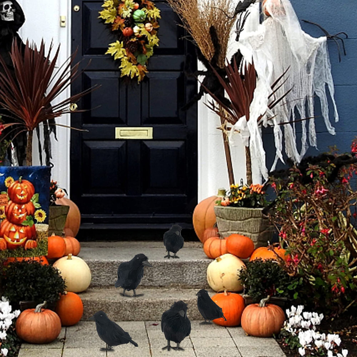 FUNPENY Halloween Black Feathered Crows, 3 Pack Black Crows with Real Feather Halloween Decoration for Indoor Outdoor