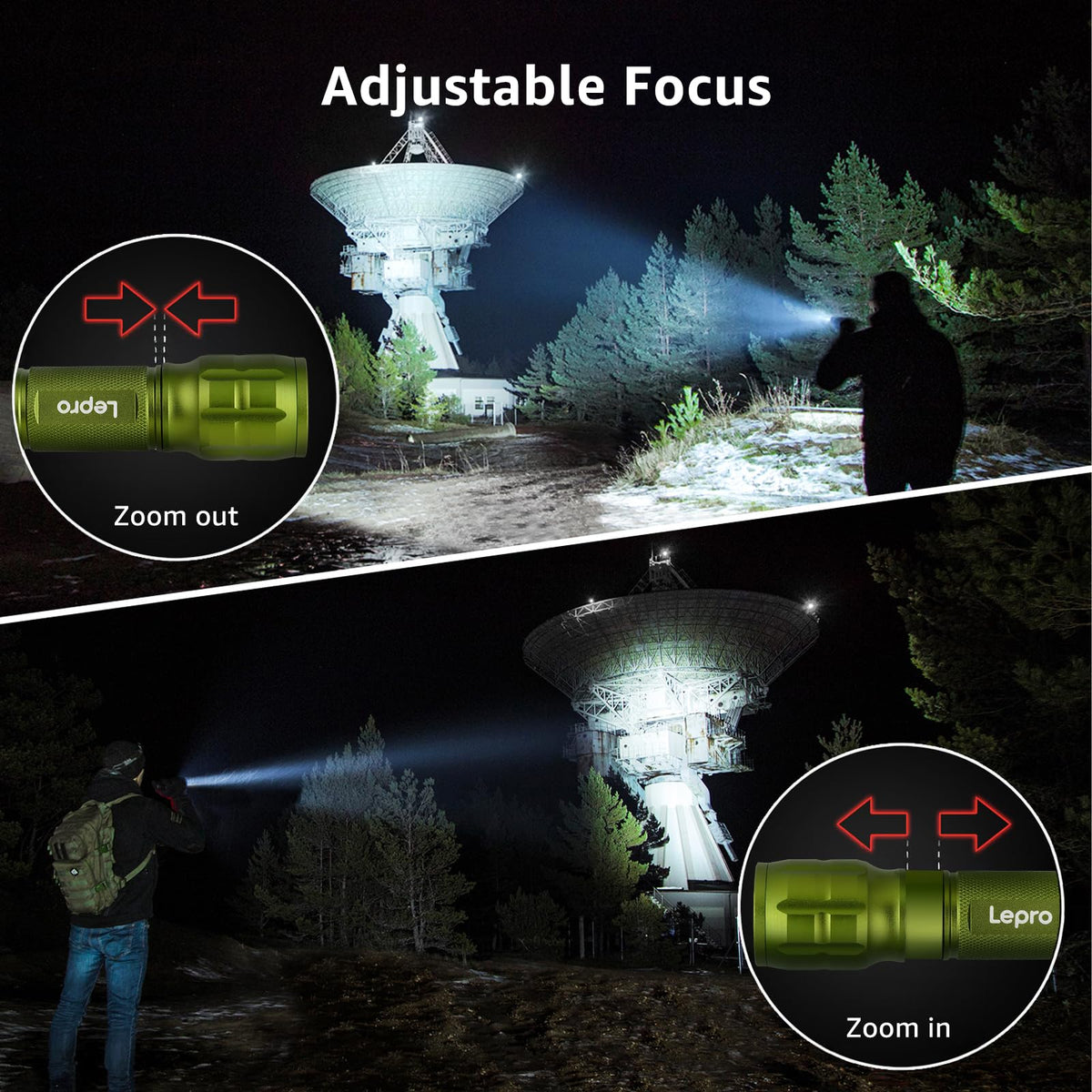 Lepro LED White Light Flashlight, High Lumens Waterproof Adjustable Focus