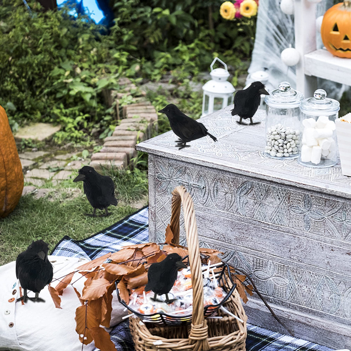 FUNPENY Halloween Black Feathered Crows, 3 Pack Black Crows with Real Feather Halloween Decoration for Indoor Outdoor