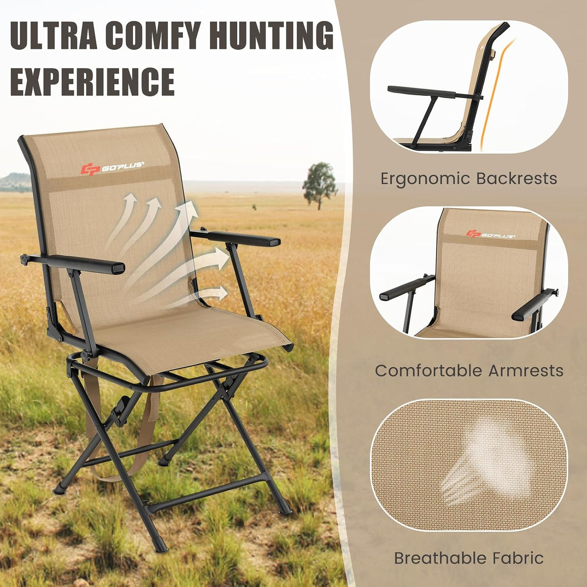 Goplus Hunting Chair, 360° Swivel Folding Hunting Blind Chair with Carrying Strap, 330LBS Capacity, Portable Deer Hunting Stool, Silent Ground Dove Hunting Chair, No Assembly