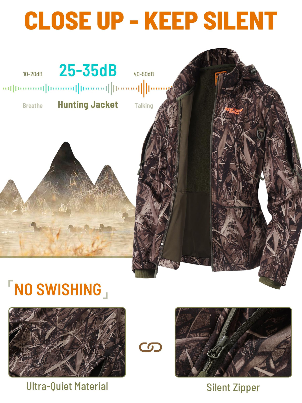 NEW VIEW Womens Hunting Clothes, Upgraded Ultra-Quiet Water Resistant Camo Hunting Jacket for Duck Waterfowl Deer Hunting