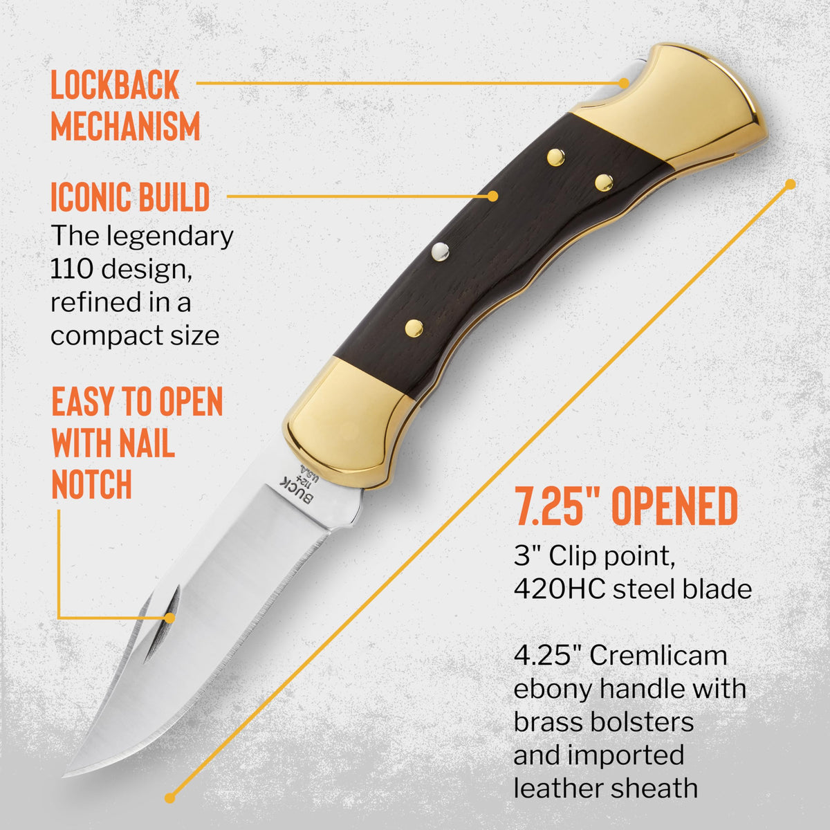 Buck Knives 110 Folding Hunter Knife with Sheath, Finger Grooves, 7.2 oz