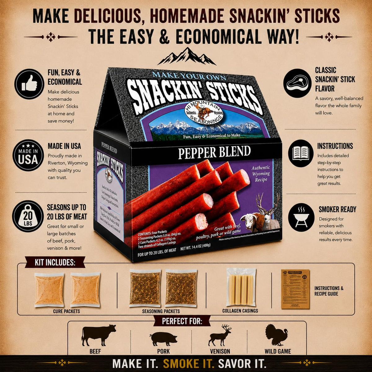 Hi Mountain Snack Stick Seasoning Kit | HUNTER'S BLEND | Makes 20 lbs