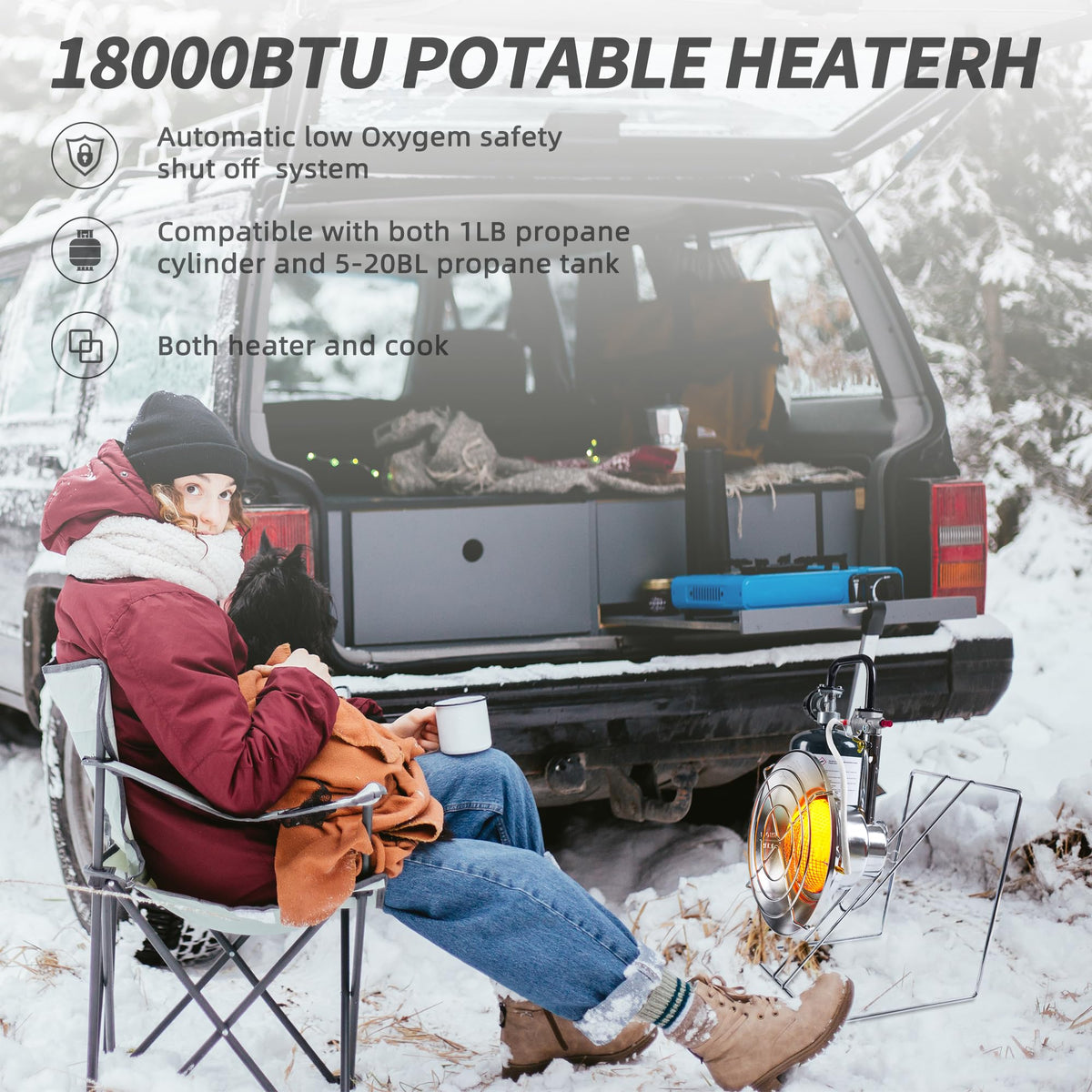 Portable Outdoor Heater with 8FT Hose, 9000 BTU Propane Heater Fuel by Butane/Propane, Self-Ignition, Tip-over&Low-Oxygen Safety Shutoff, Compact Camping&RV Heater for Tents, Hiking(Fuel not included)