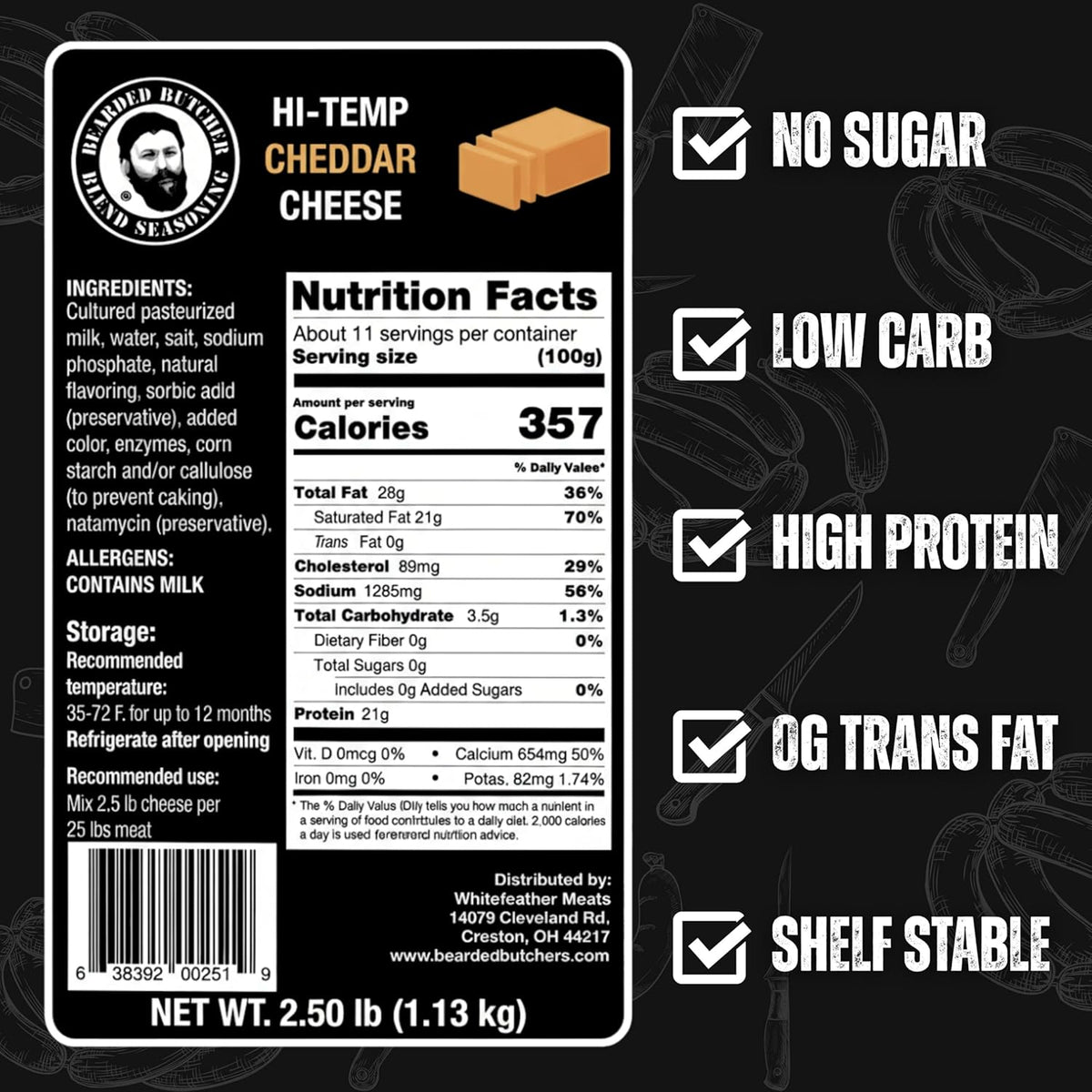 Bearded Butchers High-Temp Cheddar Cheese 2.5 lbs – Shelf-Stable 1/4" Cubes for Up to 25 lbs of Meat, 400°F High-Temperature Cheese – Ideal for Sausage Making, Brats, Snack Sticks, Burgers, and More