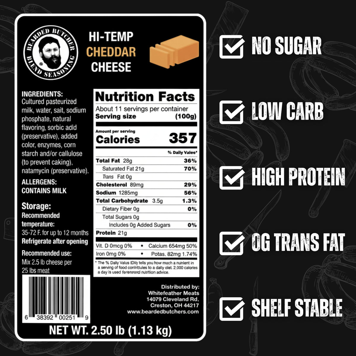 Bearded Butchers High-Temp Cheddar Cheese 2.5 lbs – Shelf-Stable 1/4" Cubes for Up to 25 lbs of Meat, 400°F High-Temperature Cheese – Ideal for Sausage Making, Brats, Snack Sticks, Burgers, and More