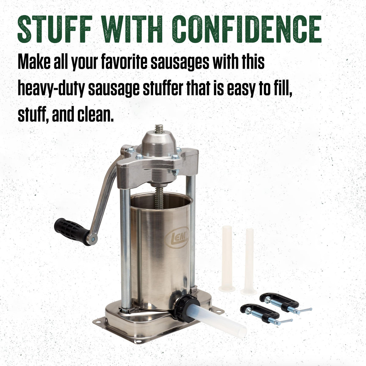 LEM Products MightyBite 5 lb Sausage Stuffer, Professional Design, Stainless Steel, Includes Clamps & Stuffing Tubes, Removable Cylinder, Air-Release Piston, Meat Stuffer Machine for Home Use