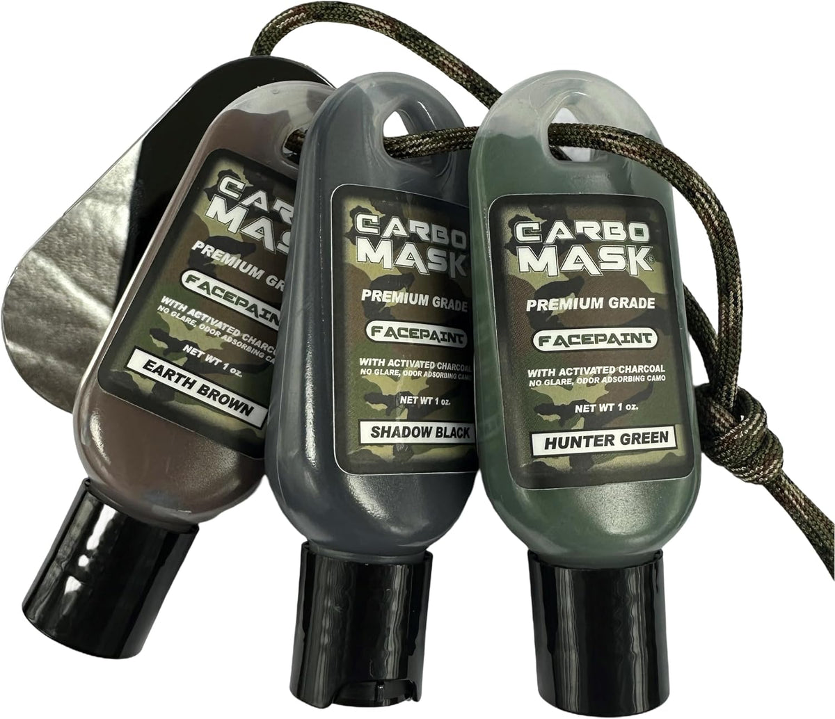 Carbomask 1 oz. Three-Pack Camo Facepaint. No grease. No glare. Easy to remove.