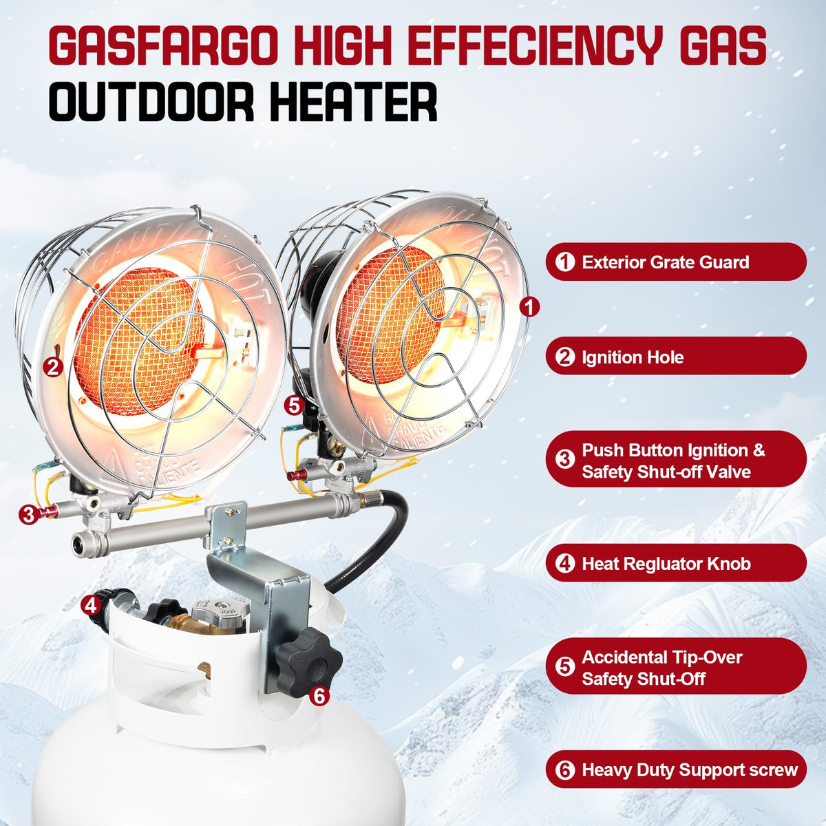 Portable Outdoor Heater with 8FT Hose, 9000 BTU Propane Heater Fuel by Butane/Propane, Self-Ignition, Tip-over&Low-Oxygen Safety Shutoff, Compact Camping&RV Heater for Tents, Hiking(Fuel not included)