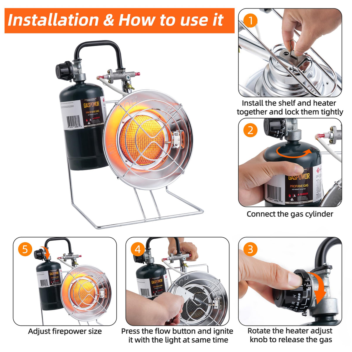 Portable Outdoor Heater with 8FT Hose, 9000 BTU Propane Heater Fuel by Butane/Propane, Self-Ignition, Tip-over&Low-Oxygen Safety Shutoff, Compact Camping&RV Heater for Tents, Hiking(Fuel not included)