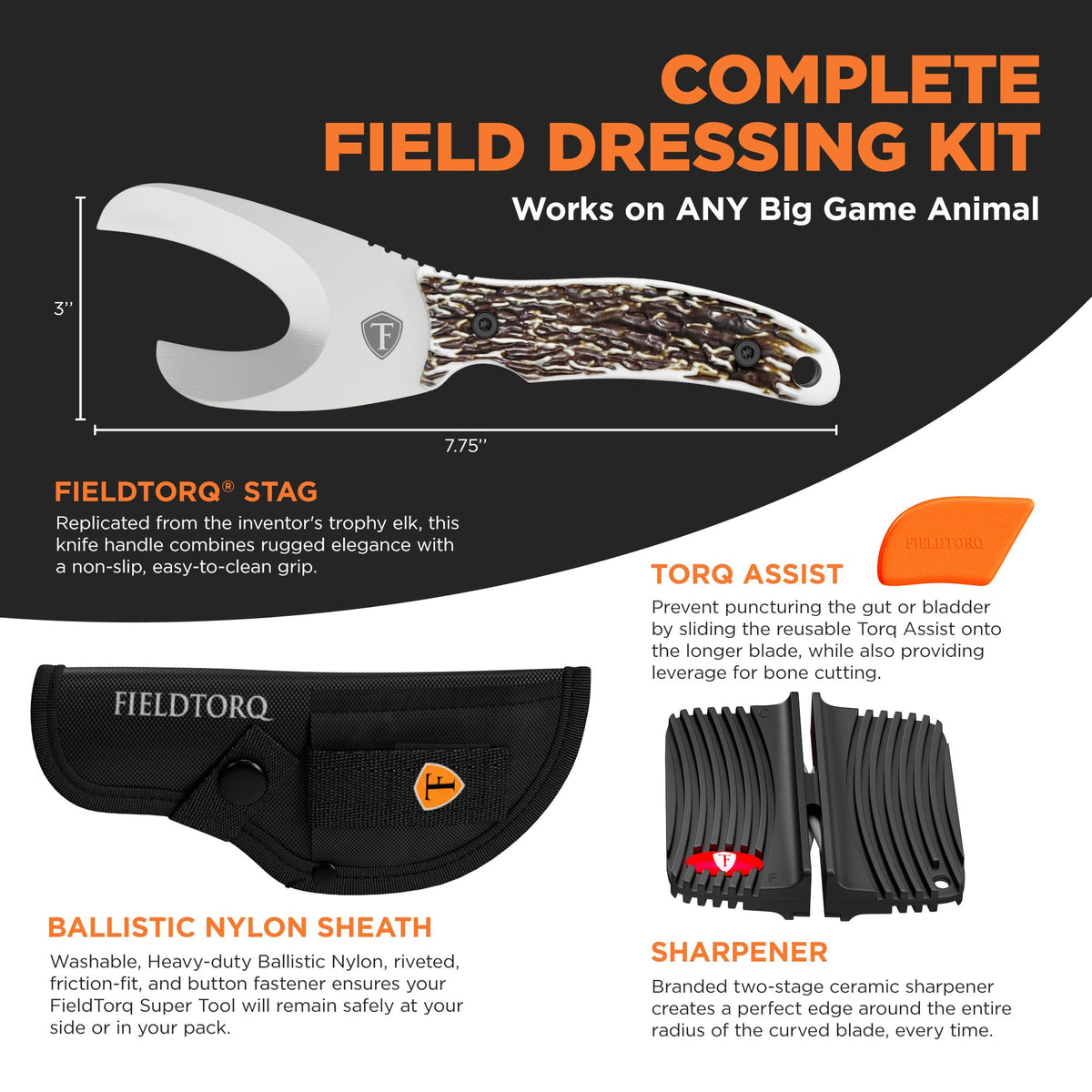 Field Dressing Kit | 3-in-1 Super Tool with Sheath & Sharpener | Gut Hook | Deer Hunting Knife Set | Pakkawood | Men's Hunting Gift Accessory
