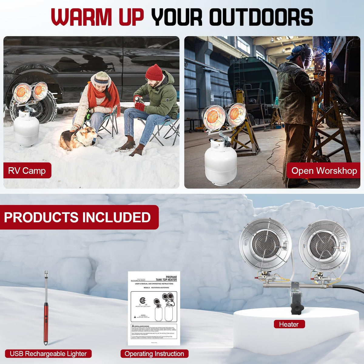 Portable Outdoor Heater with 8FT Hose, 9000 BTU Propane Heater Fuel by Butane/Propane, Self-Ignition, Tip-over&Low-Oxygen Safety Shutoff, Compact Camping&RV Heater for Tents, Hiking(Fuel not included)