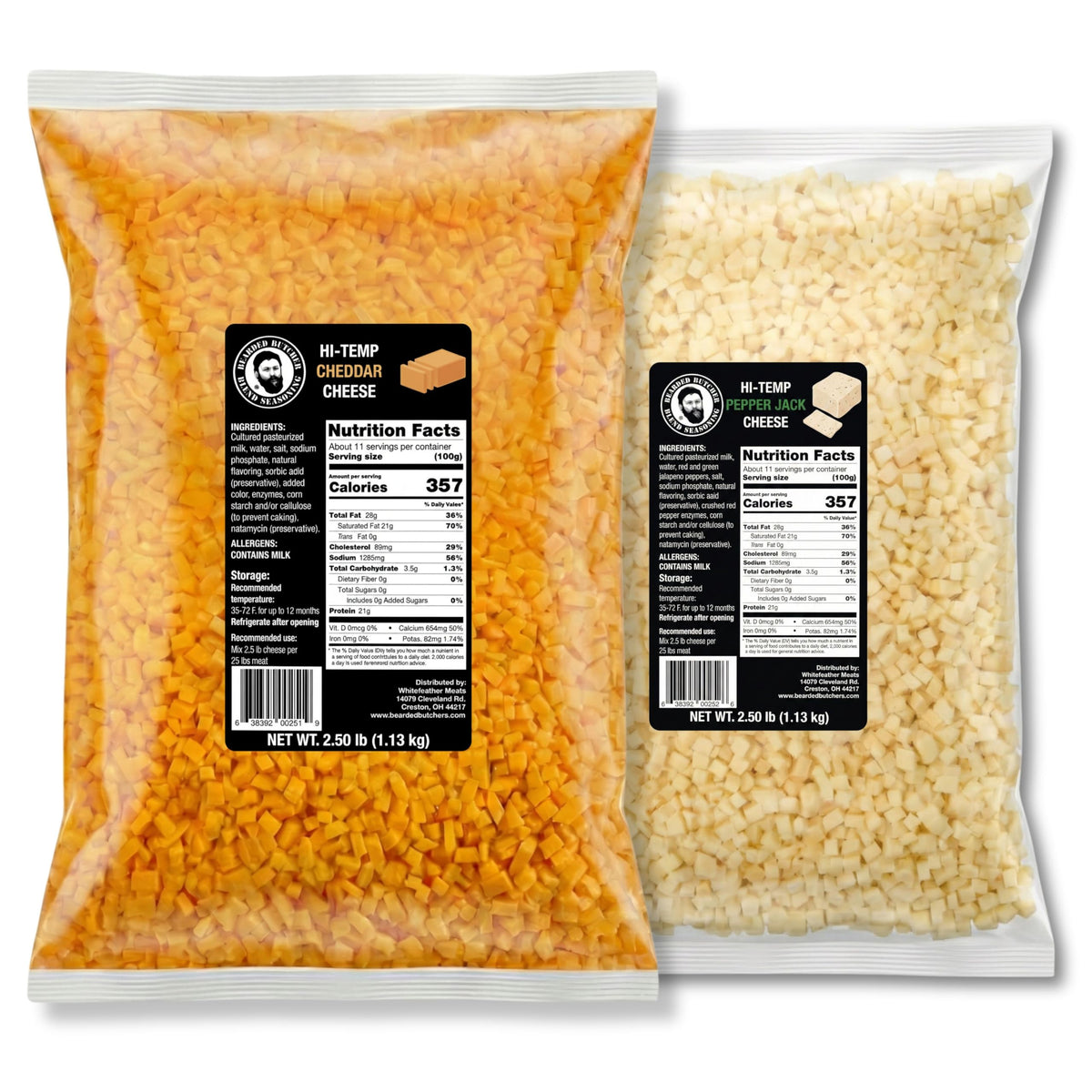Bearded Butchers High-Temp Cheddar Cheese 2.5 lbs – Shelf-Stable 1/4" Cubes for Up to 25 lbs of Meat, 400°F High-Temperature Cheese – Ideal for Sausage Making, Brats, Snack Sticks, Burgers, and More