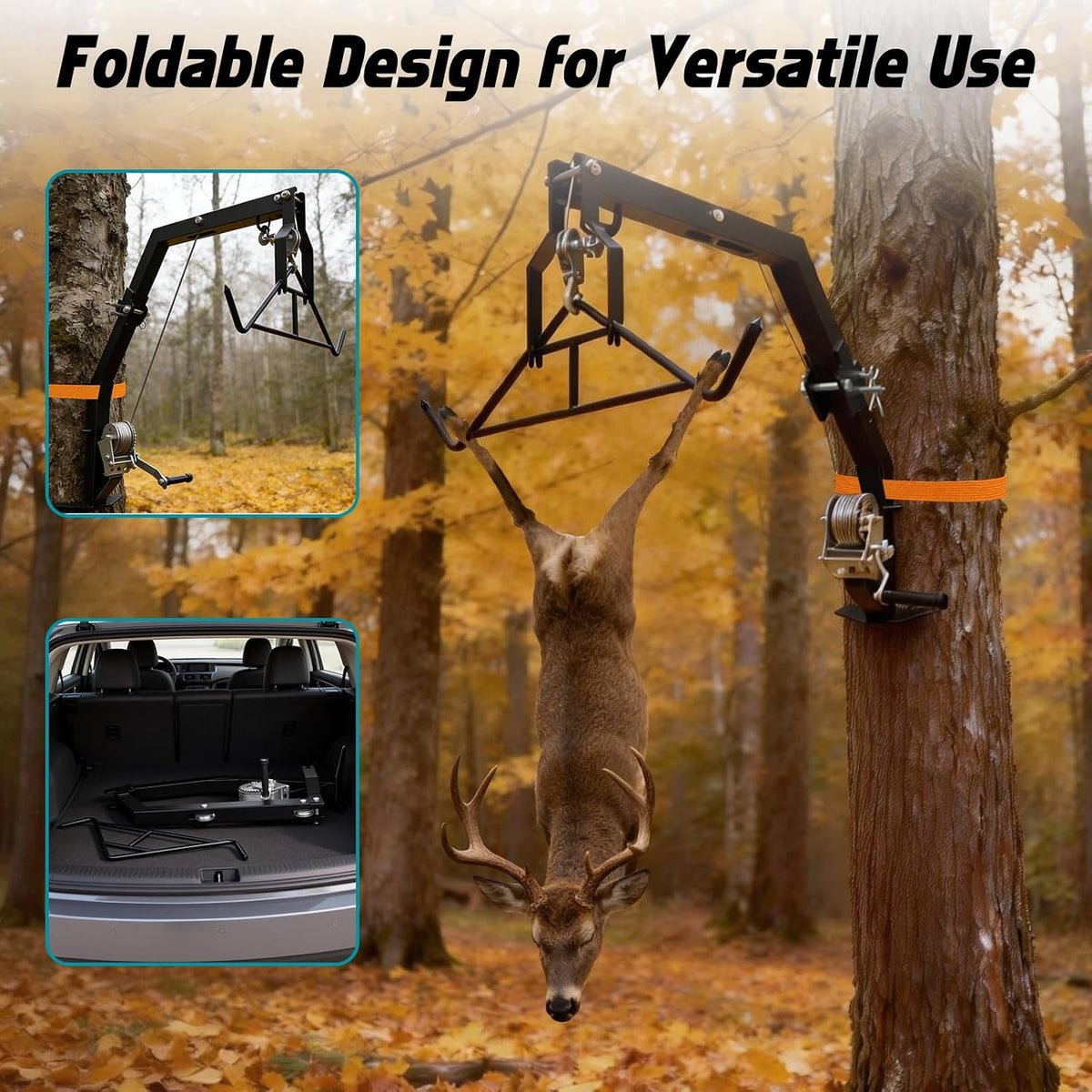 Tree Mounted Deer Hoist with Gambrel - 500lbs Game Hoist with Winch, Ratchet Strap, 23ft Cable, Portable Detachable Hunting Kit for Heavy Duty Deer Hanger for Skinning, Field Dressing