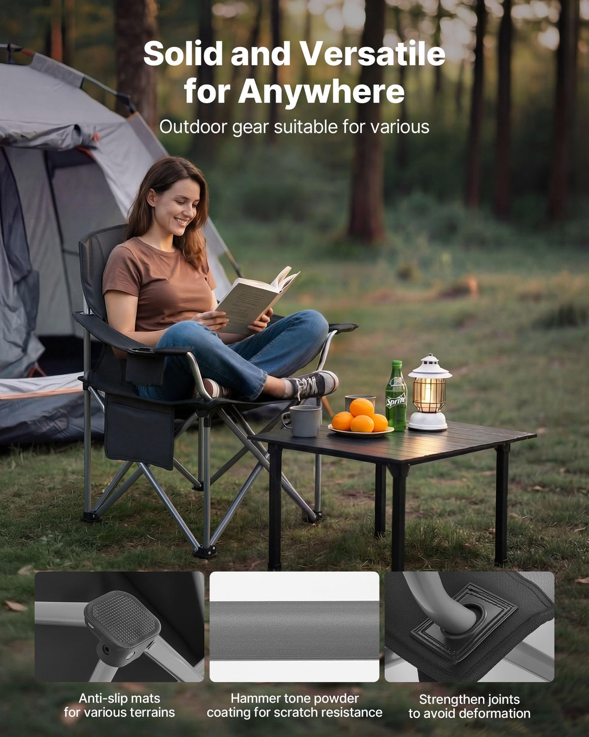 VEVOR Oversized Camping Folding Chair, Portable Heavy Duty Outdoor Quad Lumbar Back Padded with Side Pockets, Cup Holder and Cooler Bag for Beach, Lawn, Picnic, Fishing, Backpacking, Black