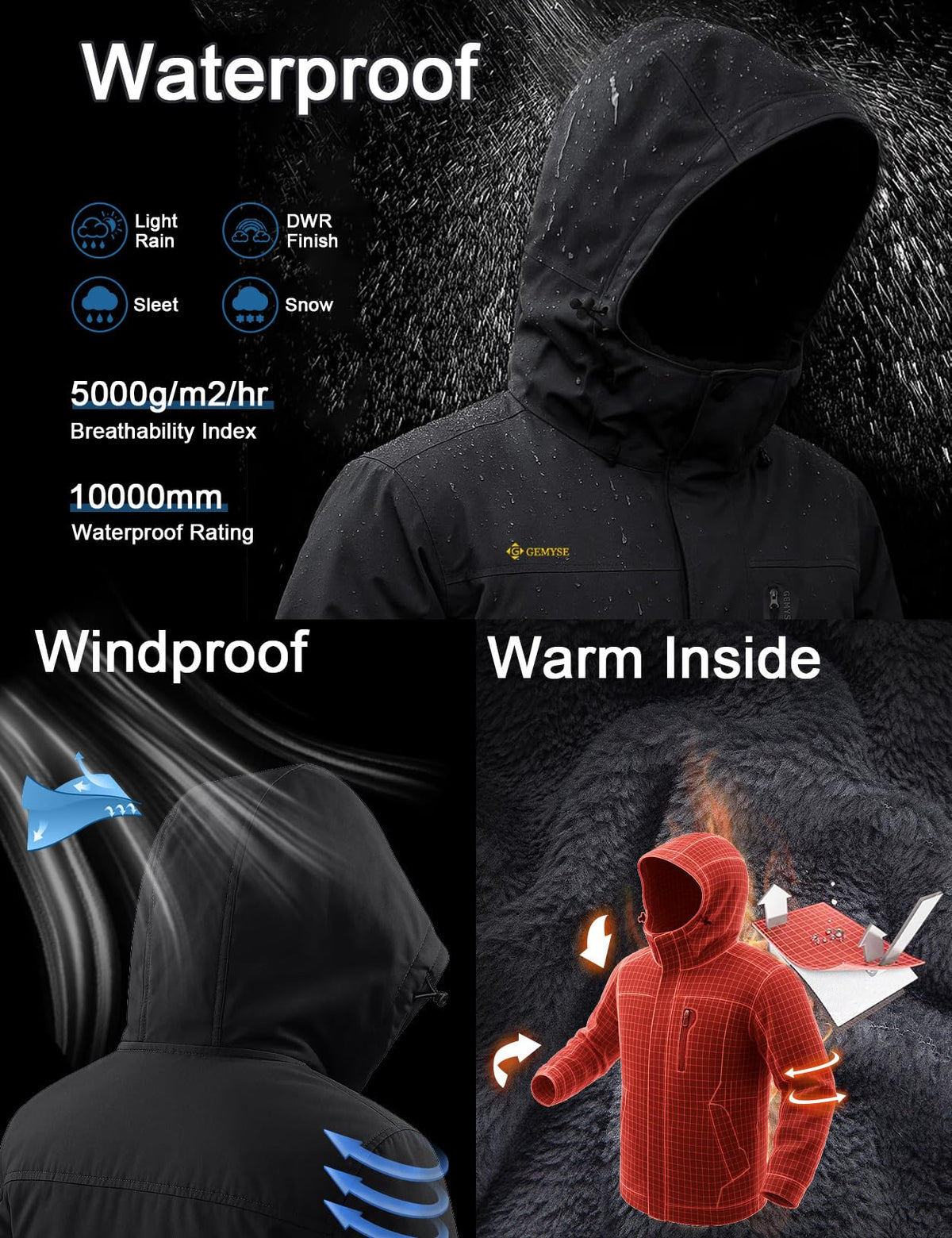GEMYSE Men's Winter Ski Jacket Waterproof Snow Coat with Detachable Hood