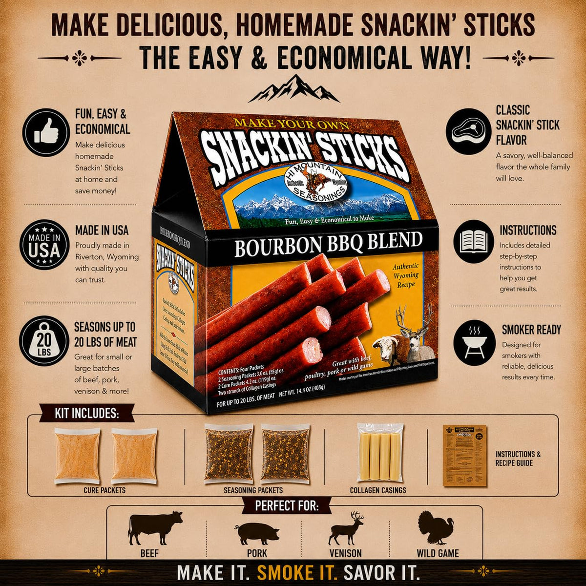 Hi Mountain Snack Stick Seasoning Kit | HUNTER'S BLEND | Makes 20 lbs