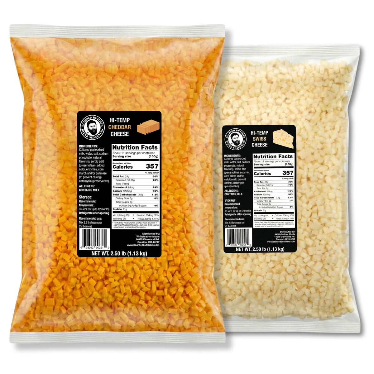 Bearded Butchers High-Temp Cheddar Cheese 2.5 lbs – Shelf-Stable 1/4" Cubes for Up to 25 lbs of Meat, 400°F High-Temperature Cheese – Ideal for Sausage Making, Brats, Snack Sticks, Burgers, and More