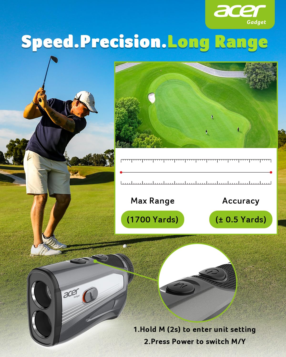 Acer Gadget Golf Rangefinder with Slope On/Off, 800/1200Yards, Golf Gifts