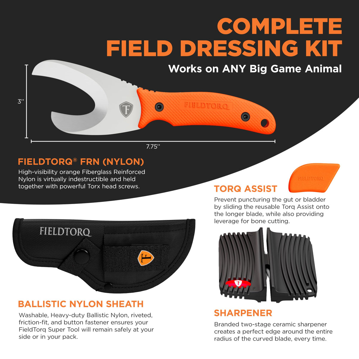 Field Dressing Kit | 3-in-1 Super Tool with Sheath & Sharpener | Gut Hook | Deer Hunting Knife Set | Pakkawood | Men's Hunting Gift Accessory