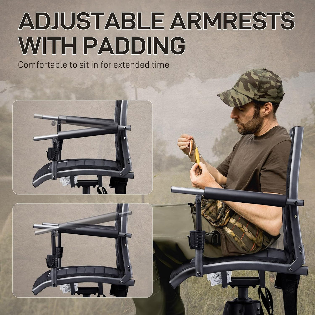 EVER ADVANCED 360° Silent Swivel Hunting Chair for Blinds, Adjustable Folding Hunting Seats with Armrests for Outdoor Activities, Fishing, Support 400lbs, Black