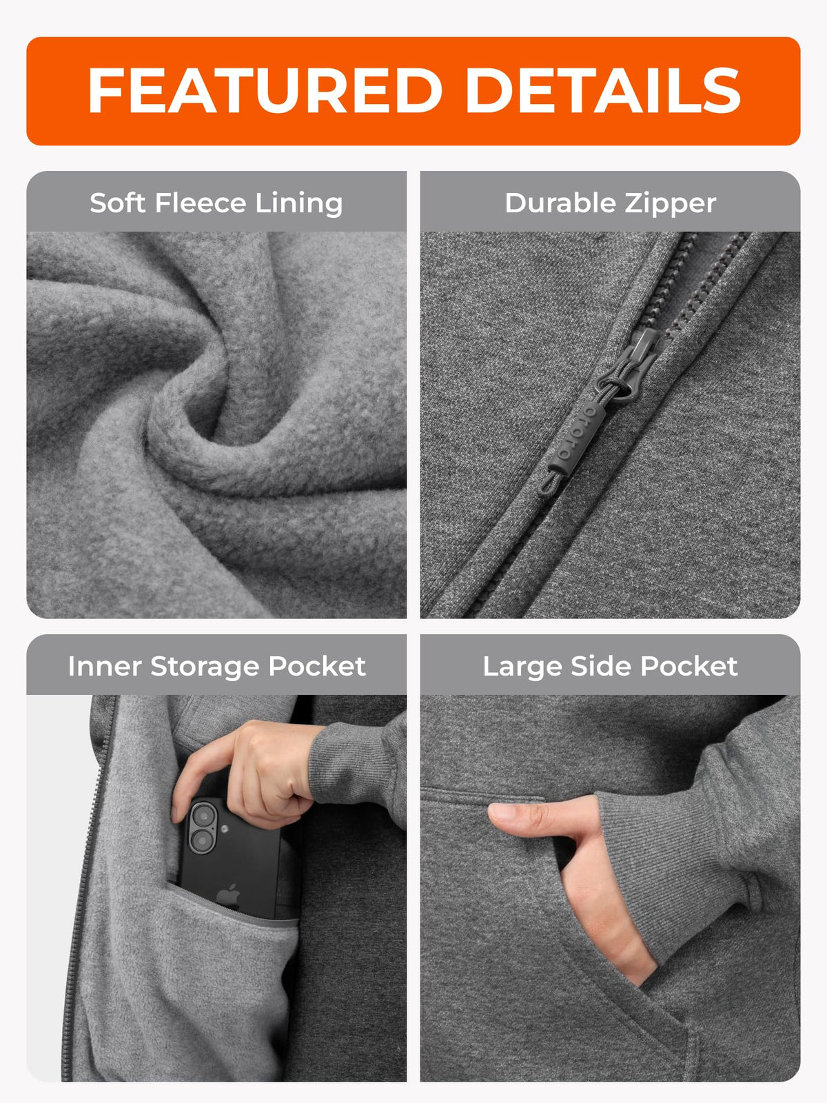 ORORO Unisex Heated Hoodie with Battery, 4-Zone Heating Fleece Hoodie