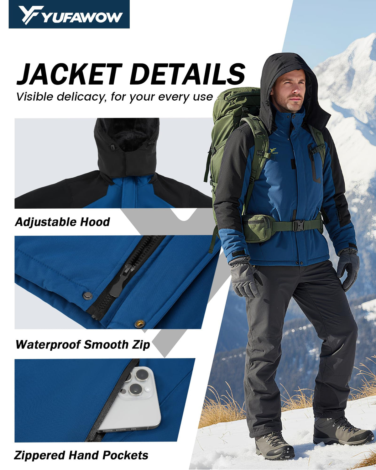 Yufawow Men Winter Jacket Skiing Jacket Insulated Fleece Lined Waterproof Windbreaker for Snowboard Hiking Camping ATV Outdoor Work
