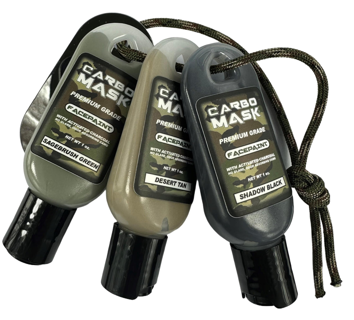 Carbomask 1 oz. Three-Pack Camo Facepaint. No grease. No glare. Easy to remove.