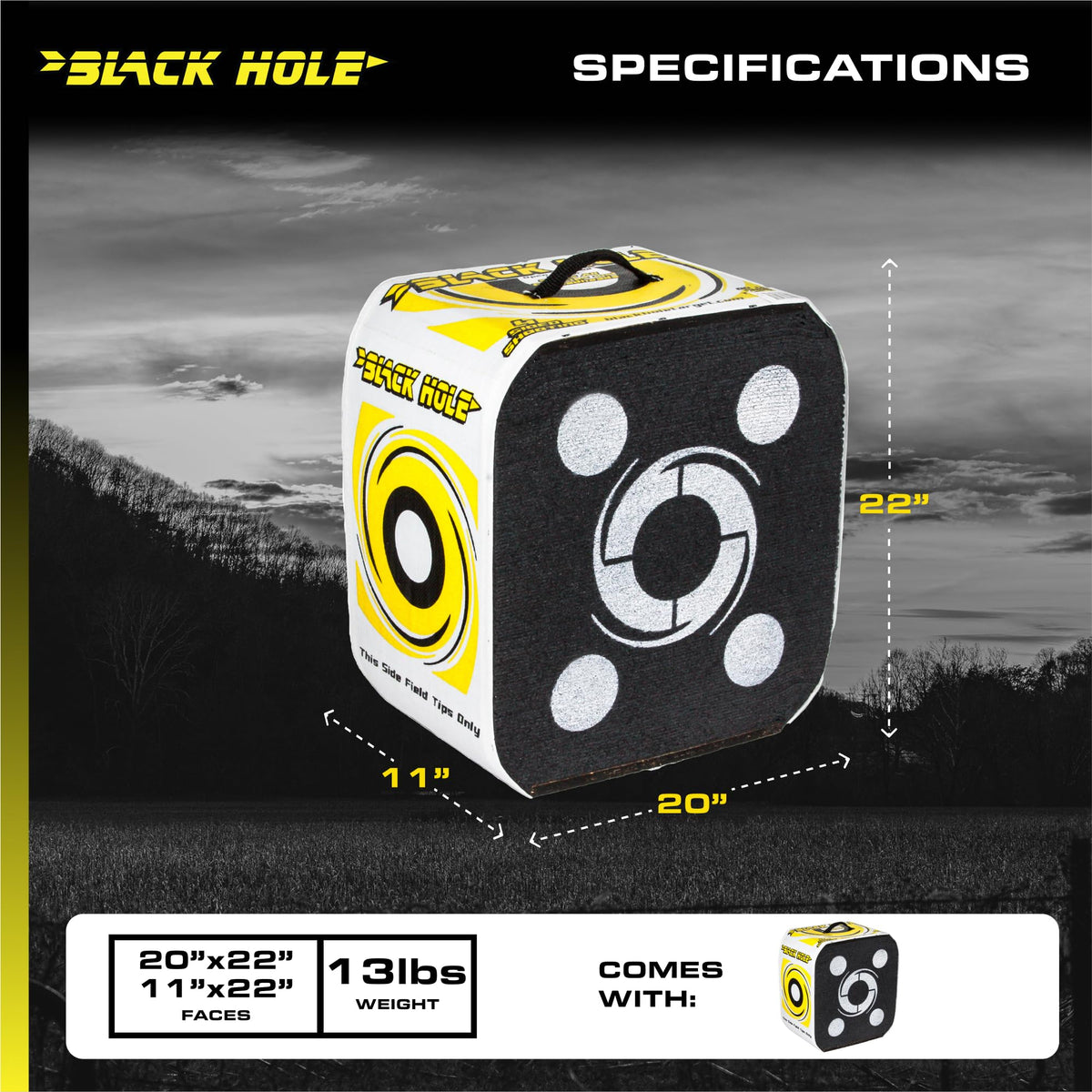 Black Hole 4-Sided Archery Target, Uses Friction Not Force to Stop All Field Points and Broadheads, Open-Face Layered Design, Lightweight and Carry Strap for Portability