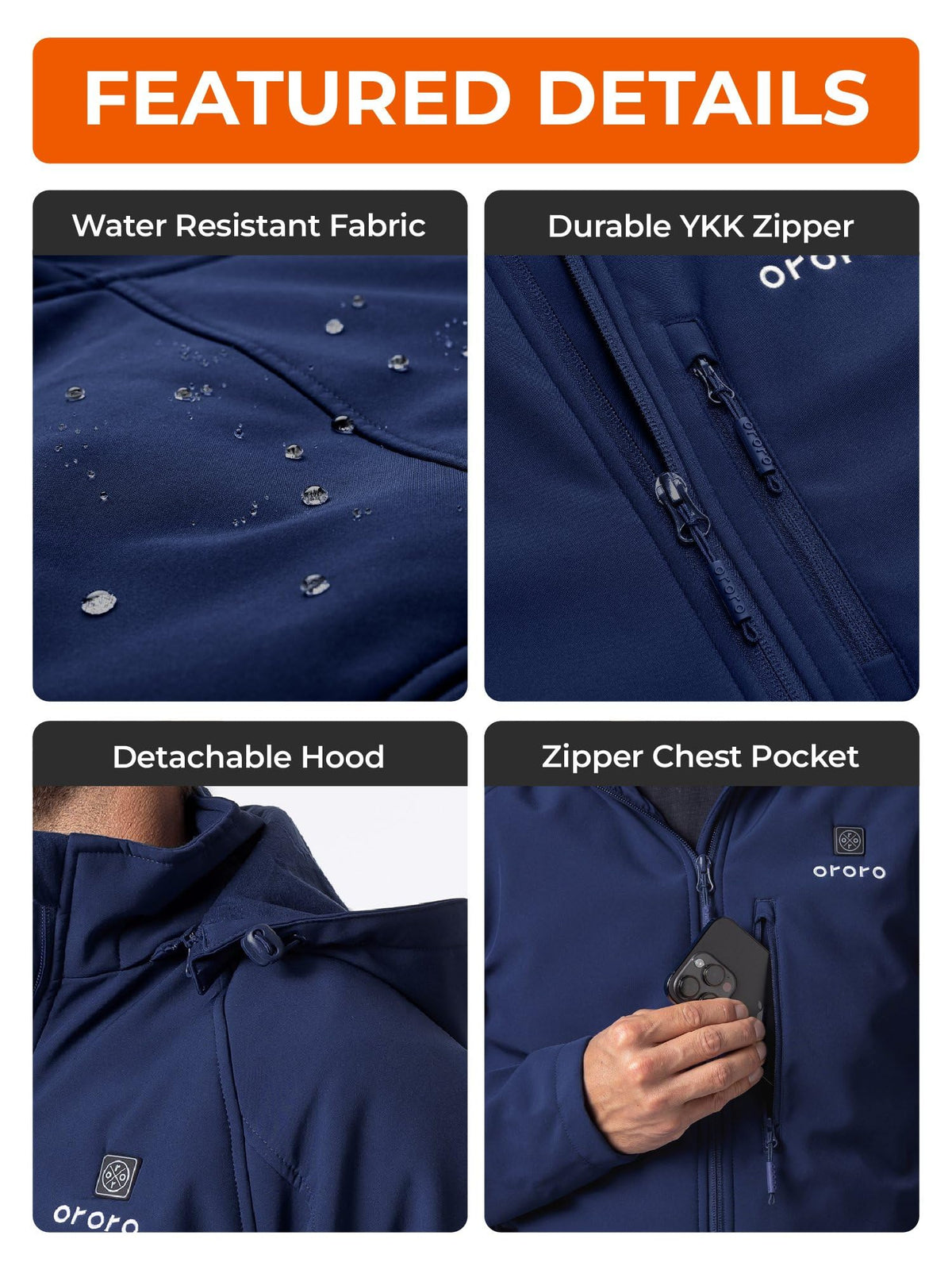 ORORO Men's Classic Heated Jacket, Water Wind Resistant Softshell Jacket
