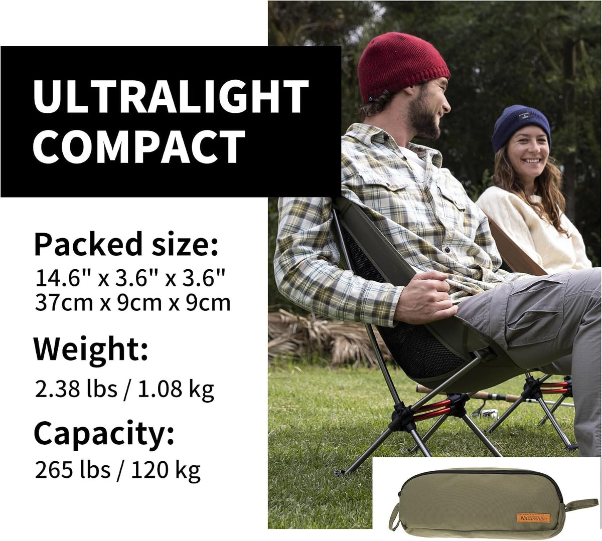 Naturehike YL08 Ultralight Camping Chair — Only 2.12 LBS, Anti-Sinking Feet