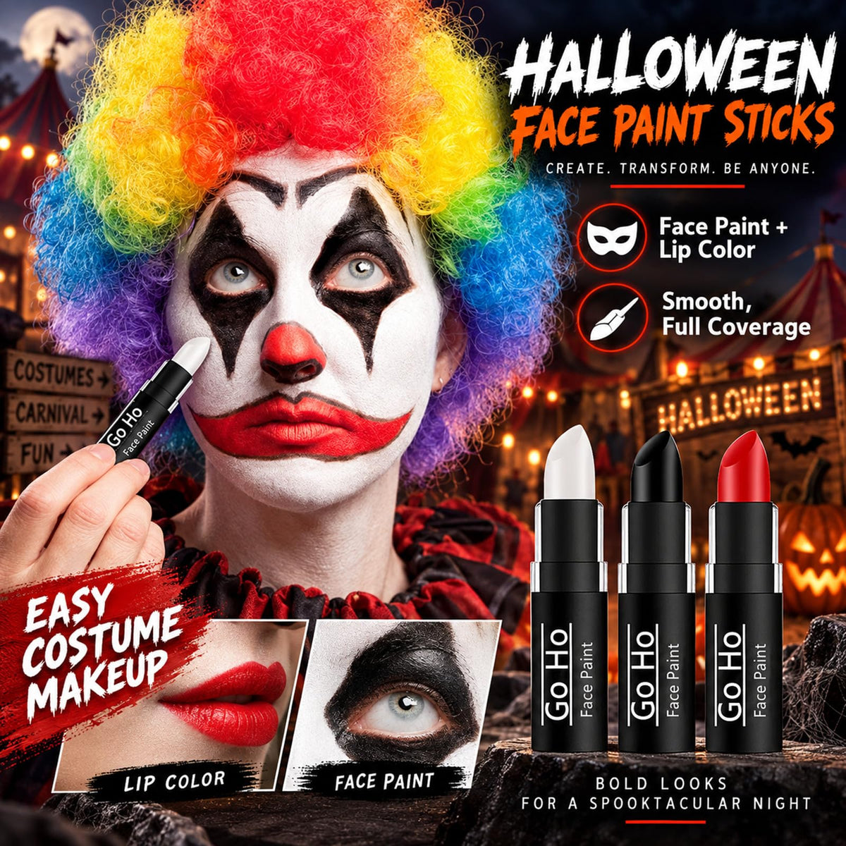 Go Ho 3 Colors Camo Face Paint Sticks,Waterproof Cream-blendable Sticks,Hunting Face Body Paint Professional Foundation SFX Makeup,Safe Face&Lip Smacking for Halloween(Green+Black+Brown)