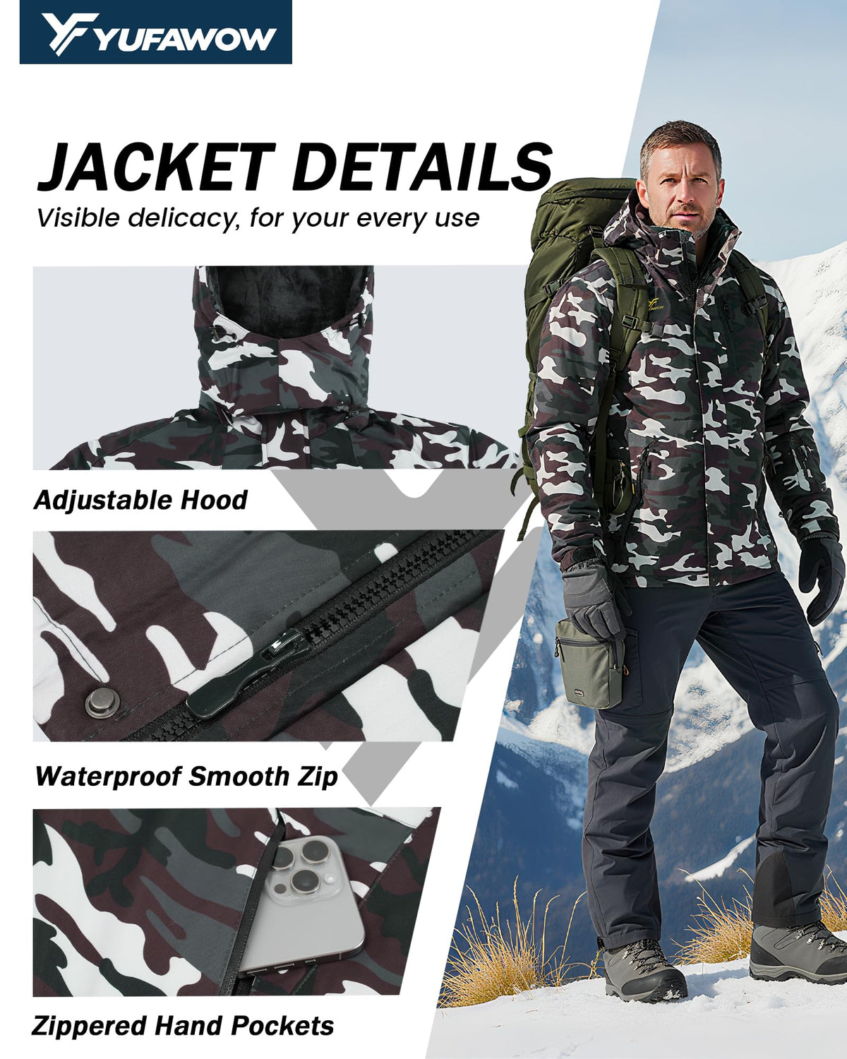 Yufawow Men Winter Jacket Skiing Jacket Insulated Fleece Lined Waterproof Windbreaker for Snowboard Hiking Camping ATV Outdoor Work