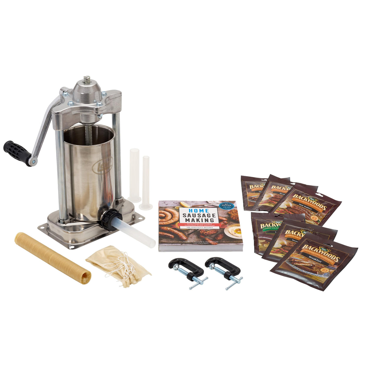 LEM Products MightyBite 5 lb Sausage Stuffer, Professional Design, Stainless Steel, Includes Clamps & Stuffing Tubes, Removable Cylinder, Air-Release Piston, Meat Stuffer Machine for Home Use
