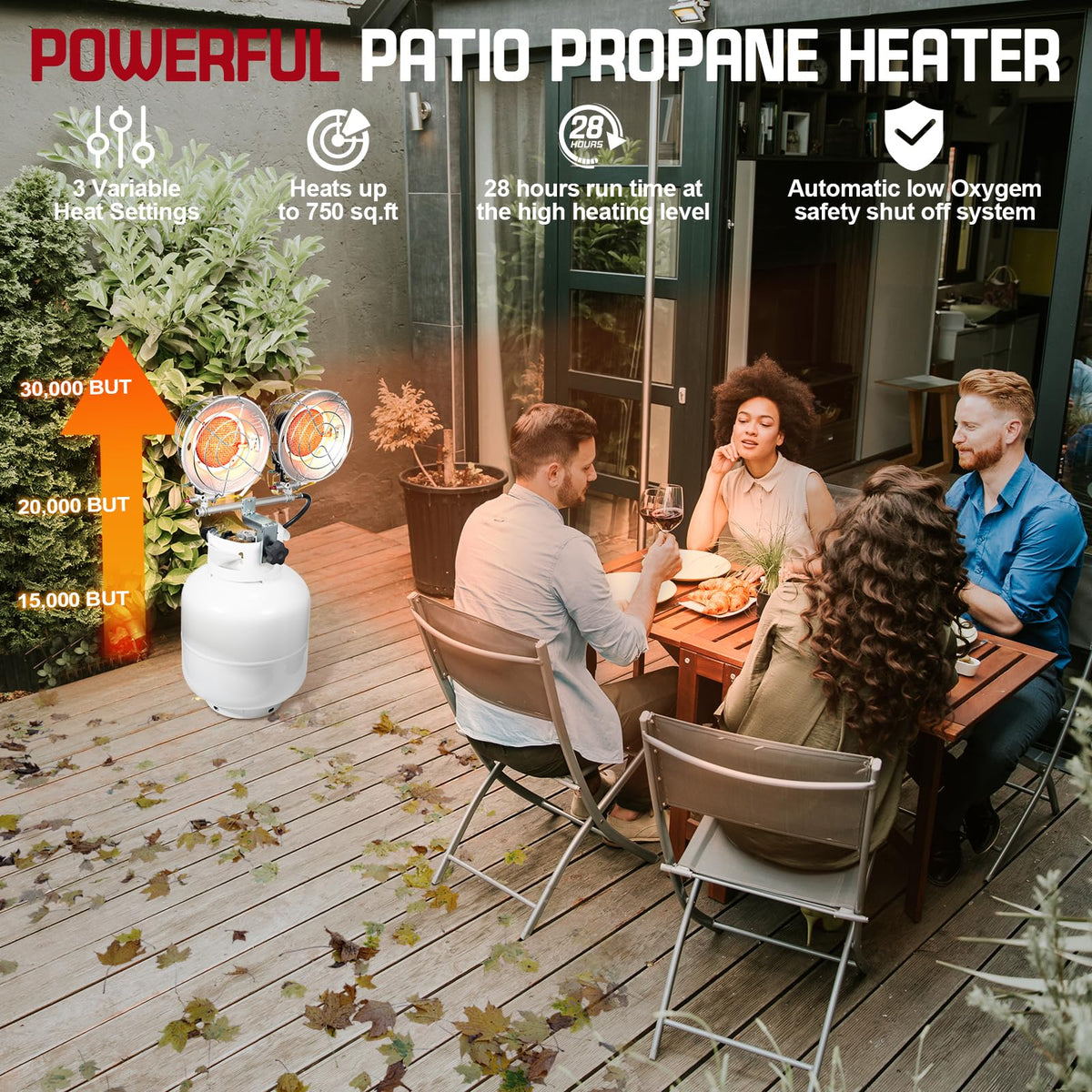 Portable Outdoor Heater with 8FT Hose, 9000 BTU Propane Heater Fuel by Butane/Propane, Self-Ignition, Tip-over&Low-Oxygen Safety Shutoff, Compact Camping&RV Heater for Tents, Hiking(Fuel not included)