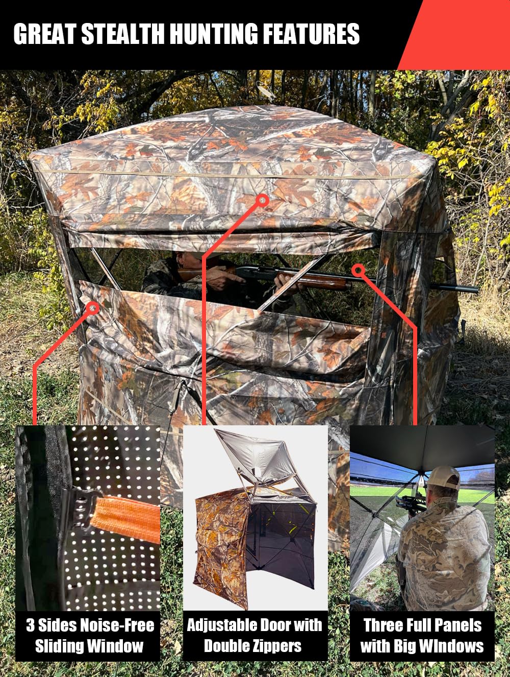 THUNDERBAY SPUR Collector 3 Person Hunting Blind, Portable Ground Blind with Silent Windows, Portable Durable Hunting Tent for Deer & Turkey Hunting