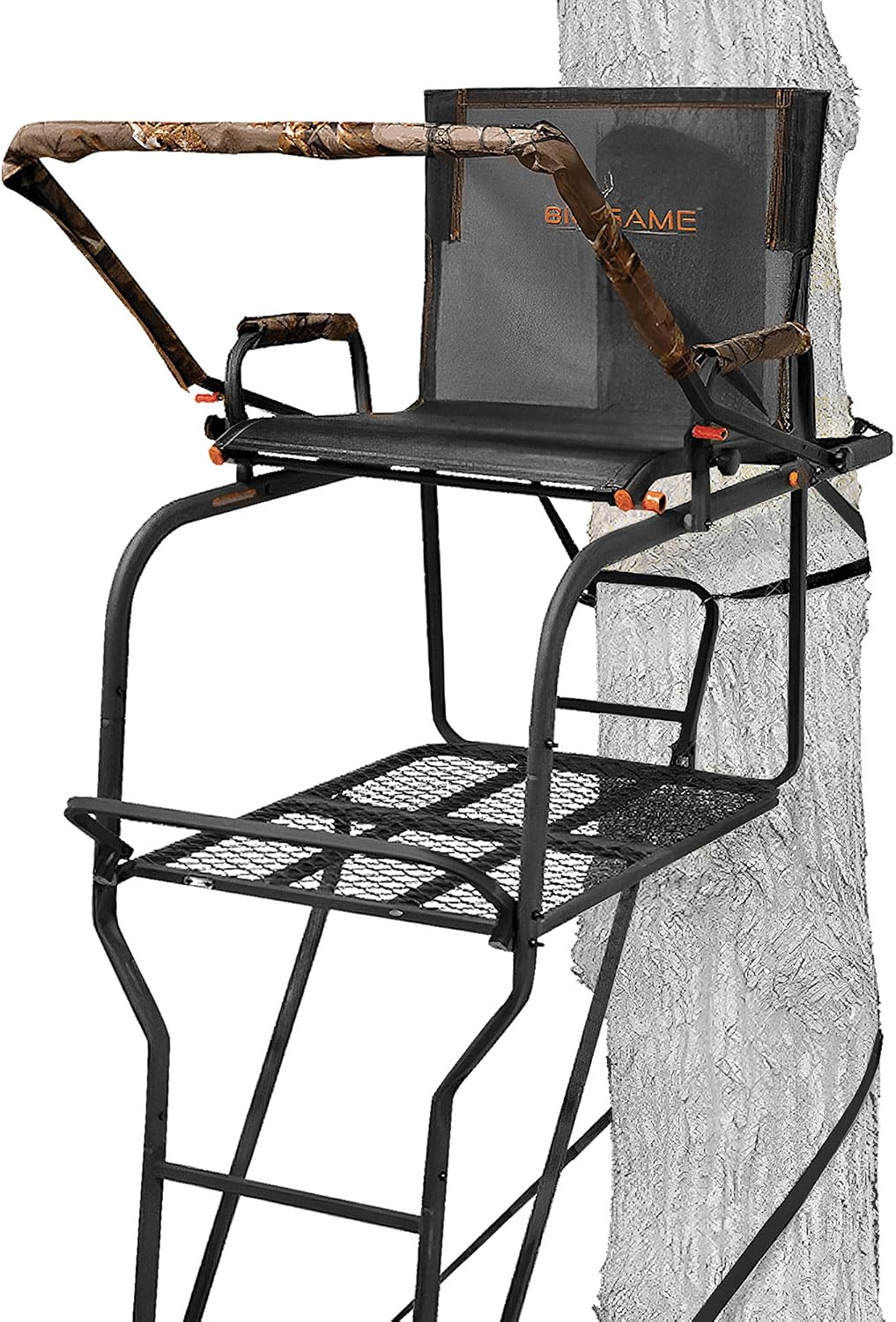 Big Game 1-Person Ladder Tree Stand for Hunting Deer with Seat, Hunter, 18' Tall, Black - Adjustable Climbing Treestand with Platform and Safety Harness for Shooting