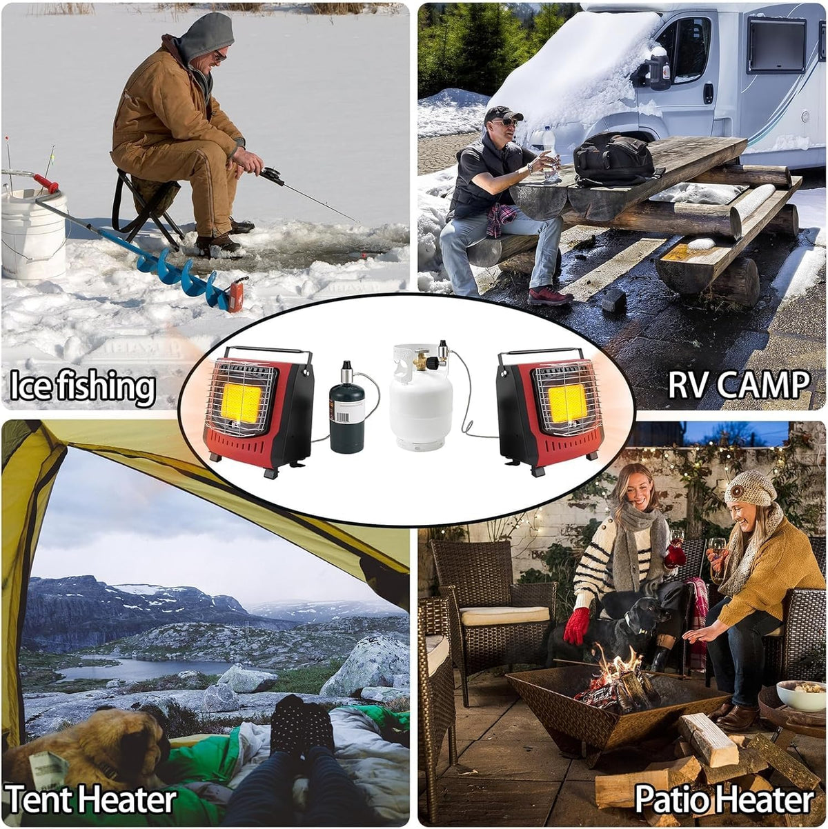 Portable Outdoor Heater with 8FT Hose, 9000 BTU Propane Heater Fuel by Butane/Propane, Self-Ignition, Tip-over&Low-Oxygen Safety Shutoff, Compact Camping&RV Heater for Tents, Hiking(Fuel not included)