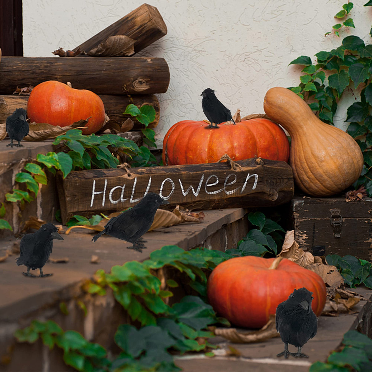 FUNPENY Halloween Black Feathered Crows, 3 Pack Black Crows with Real Feather Halloween Decoration for Indoor Outdoor