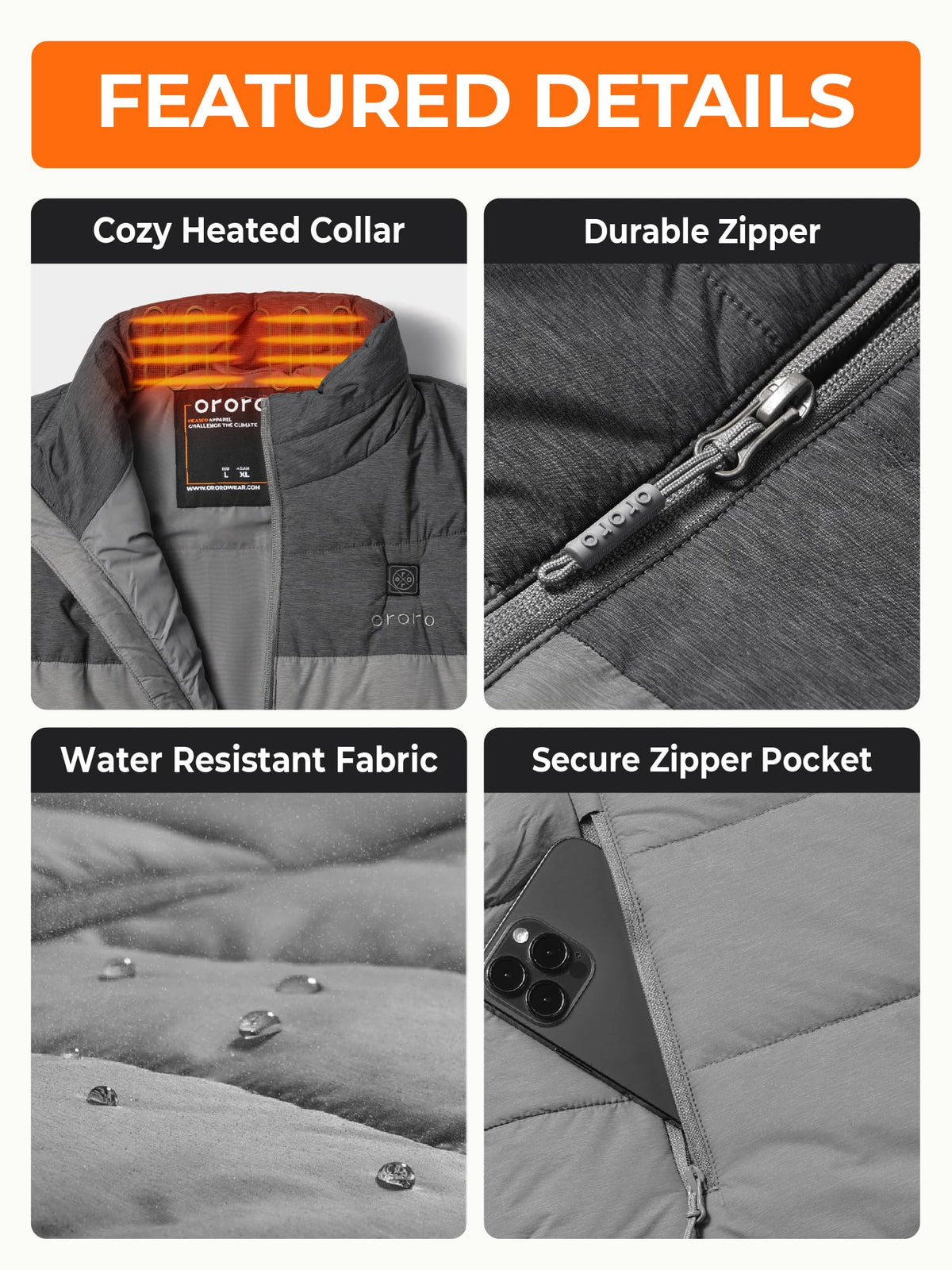 ORORO Men's Heated Vest Lightweight 4-Zone USB-C Battery Heated Puffer Vest