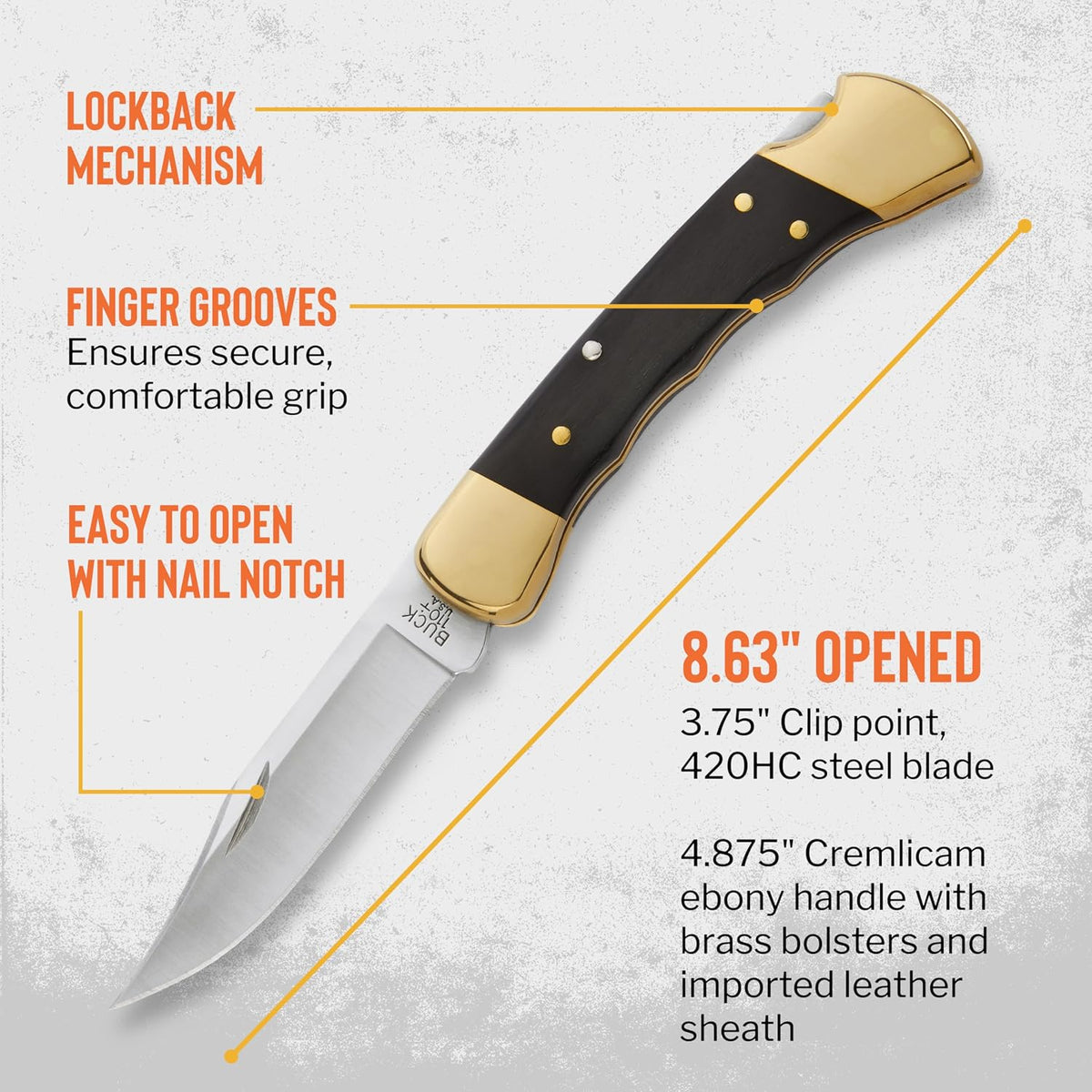 Buck Knives 110 Folding Hunter Knife with Sheath, Finger Grooves, 7.2 oz