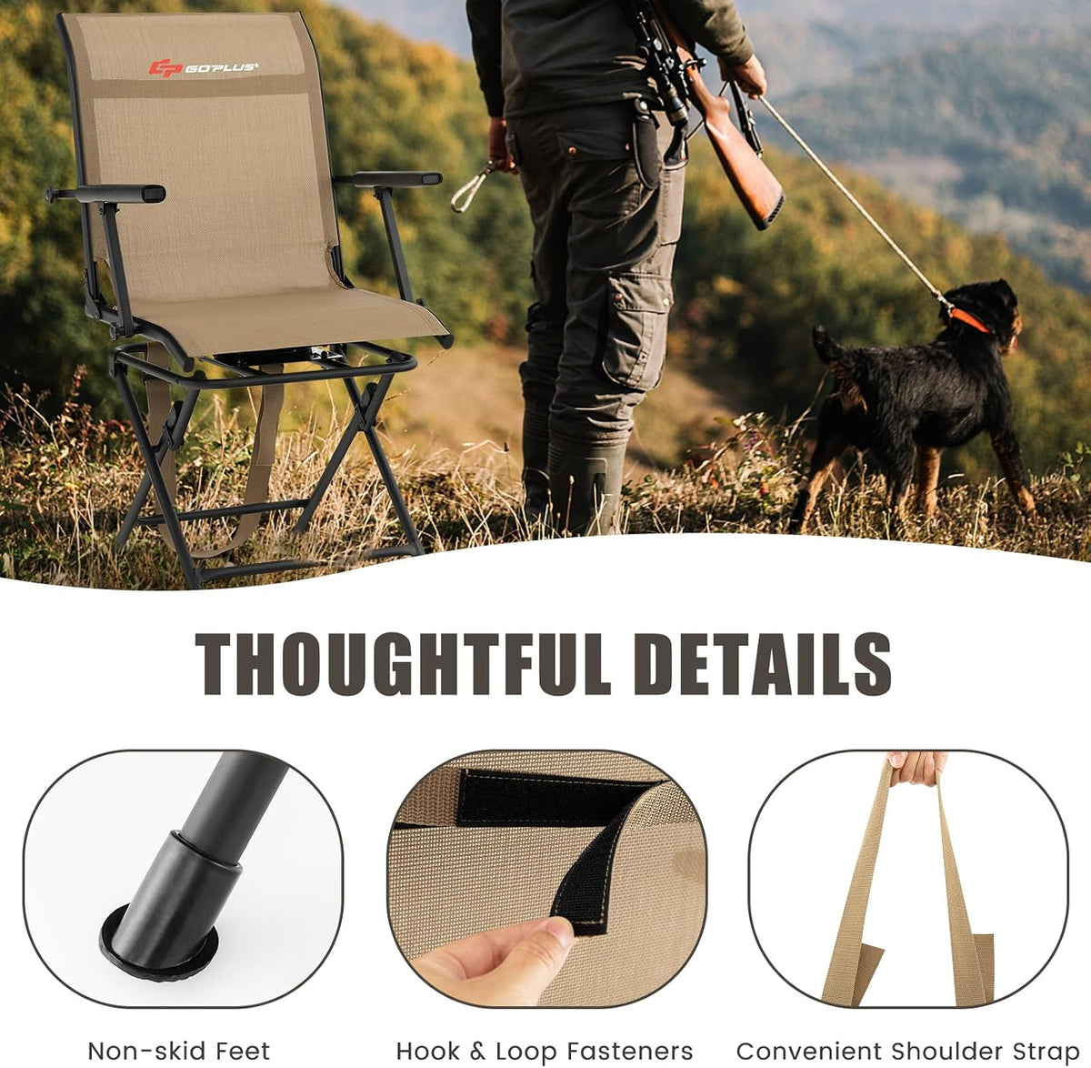 Goplus Hunting Chair, 360° Swivel Folding Hunting Blind Chair with Carrying Strap, 330LBS Capacity, Portable Deer Hunting Stool, Silent Ground Dove Hunting Chair, No Assembly