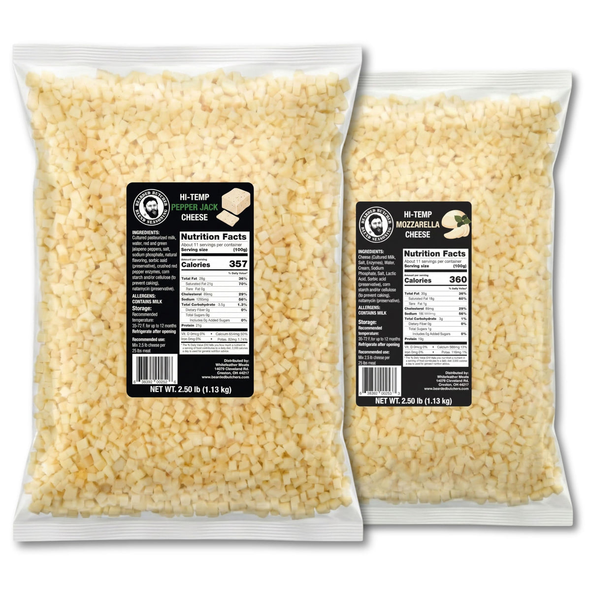 Bearded Butchers High-Temp Cheddar Cheese 2.5 lbs – Shelf-Stable 1/4" Cubes for Up to 25 lbs of Meat, 400°F High-Temperature Cheese – Ideal for Sausage Making, Brats, Snack Sticks, Burgers, and More
