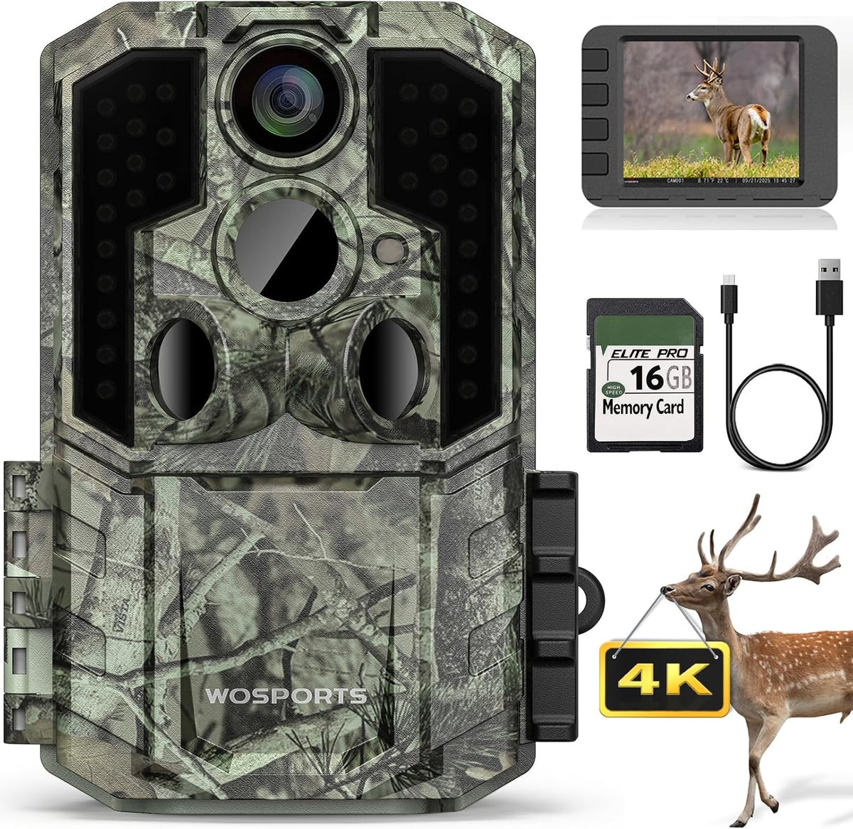 WOSPORTS Trail Camera(Non-Cellular Non-WiFi) 64MP 4K 0.2S Trigger Motion Activated,Game Camera with No-Glow Night Vision 2.0''LCD 120°Wide for Outdoor Scouting Wildlife Monitoring Home Security