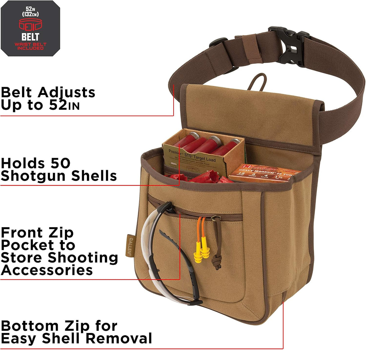 Allen Company Rival Double Compartment Shell Bag & 52" Waist Belt, Tan
