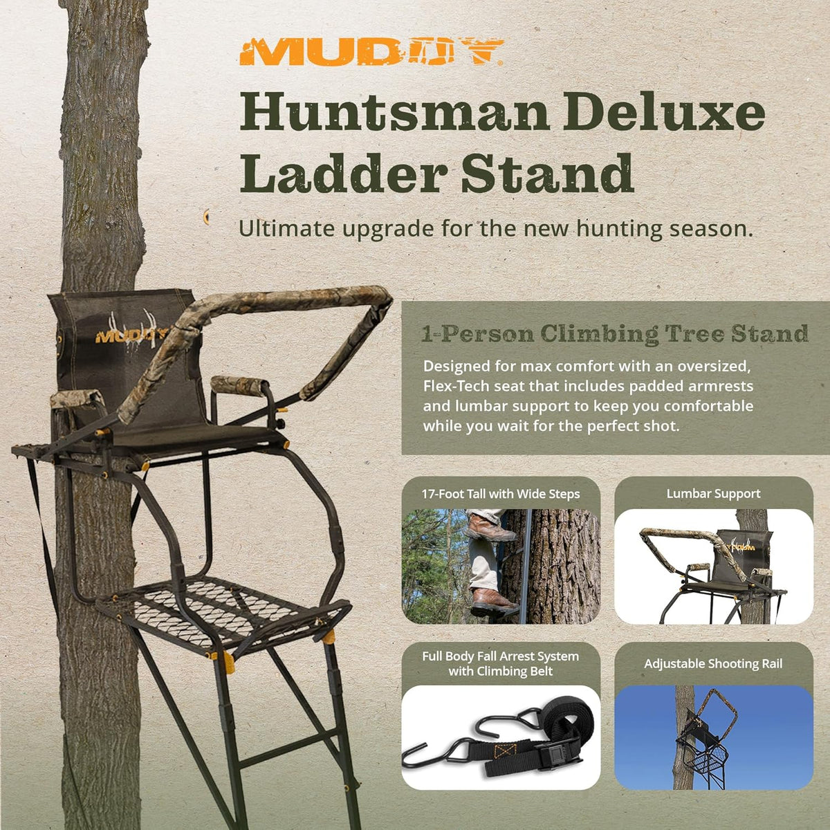 Muddy Outdoor Hunting Climbing Ladder, Tree Stand with Flex-Tek Seat and Steel Frame
