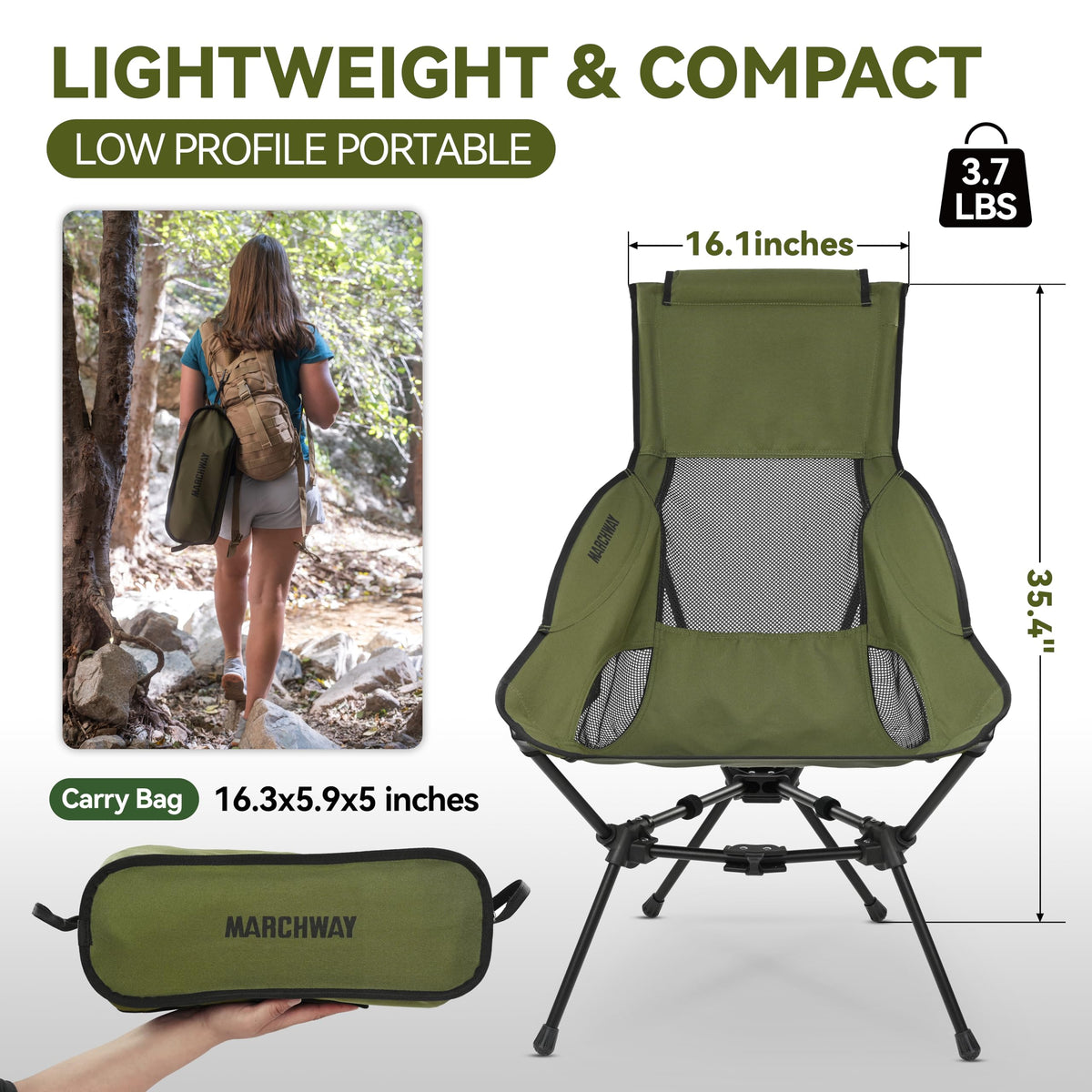 MARCHWAY Lightweight High Back Folding Camping Chair with Head Support